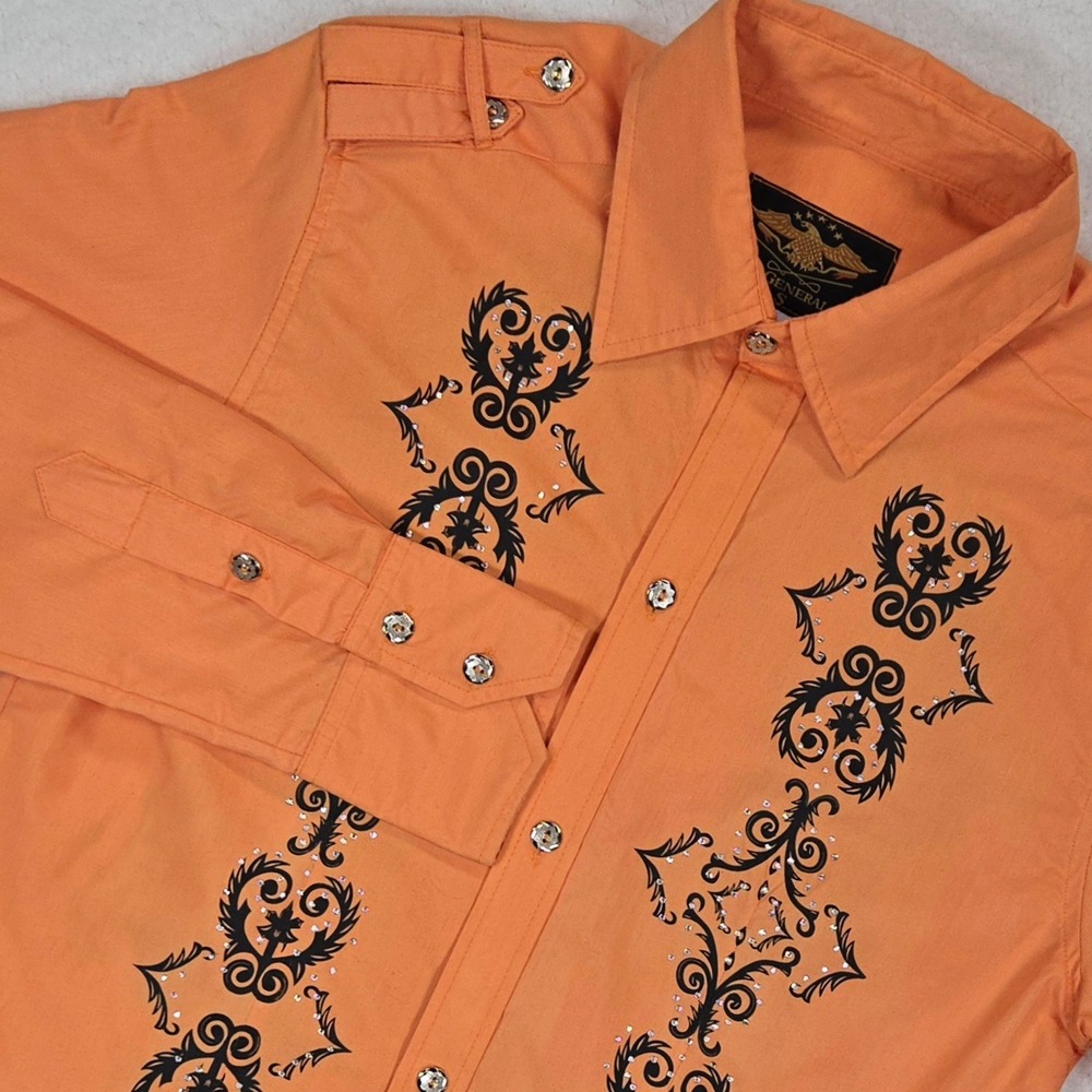 El General Western Shirt S Orange Embroidered Cross Wings Goth Biker Rockabilly